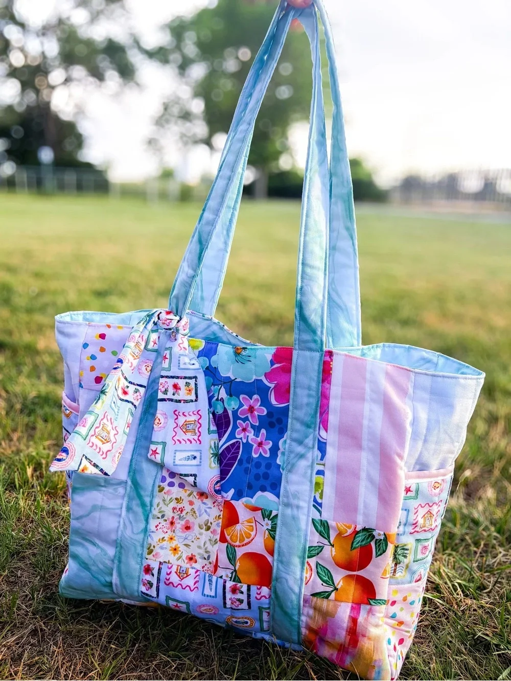 Handmade Patchwork Floral & Citrus Quilted Tote Bag in Pastel Blue and Pink
